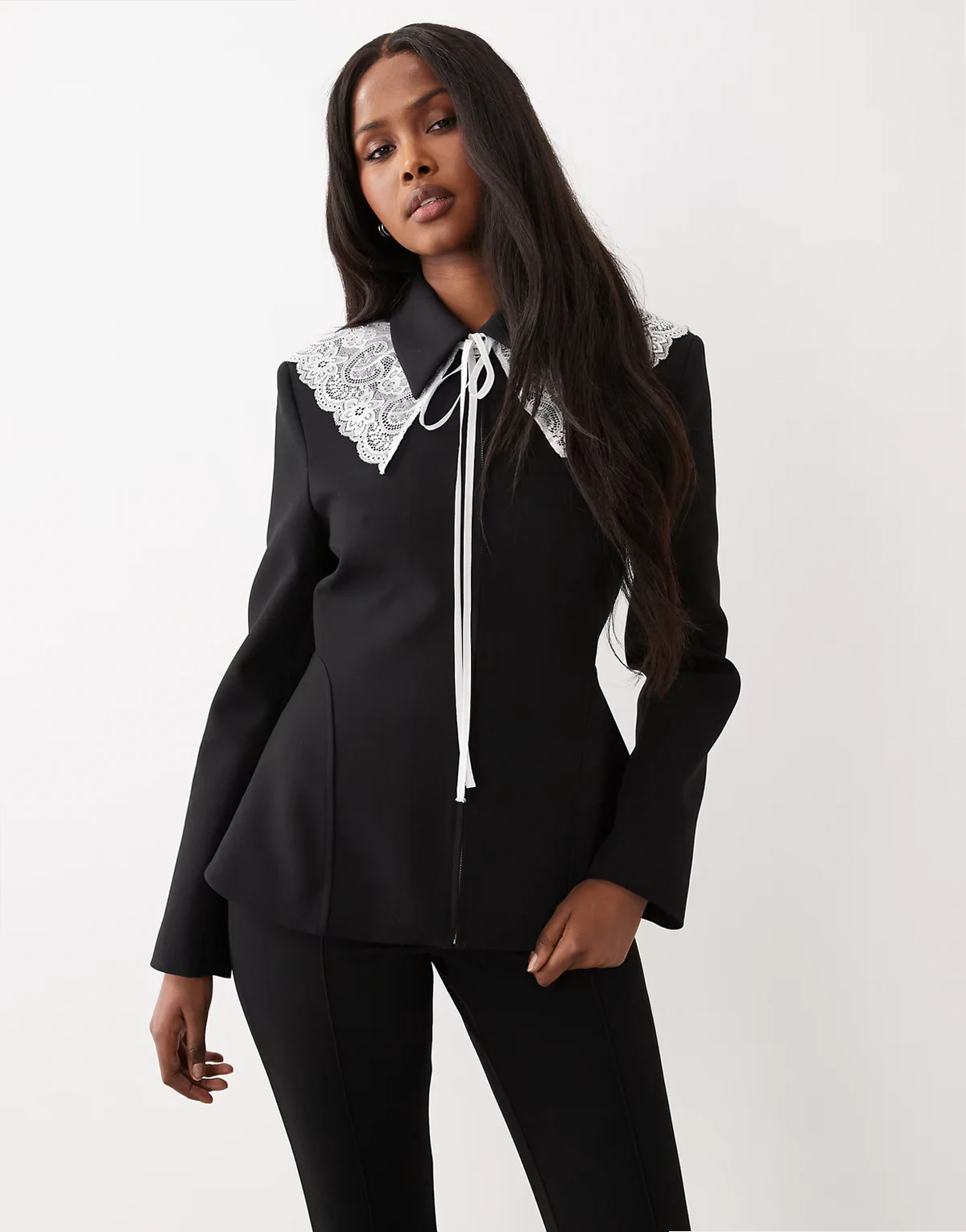 peplum blazer with lace collar in black