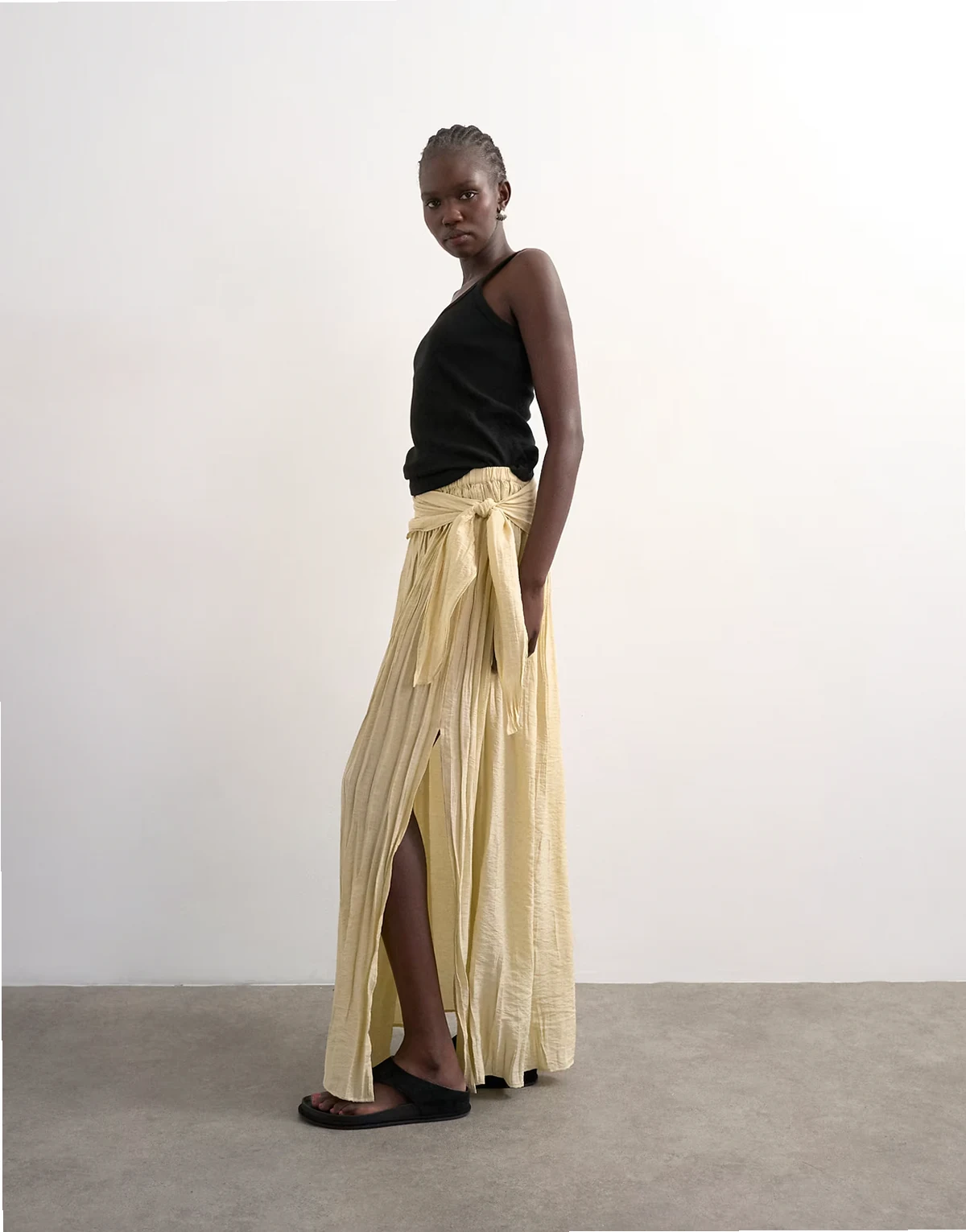 sash tie full circle crinkle maxi skirt in natural