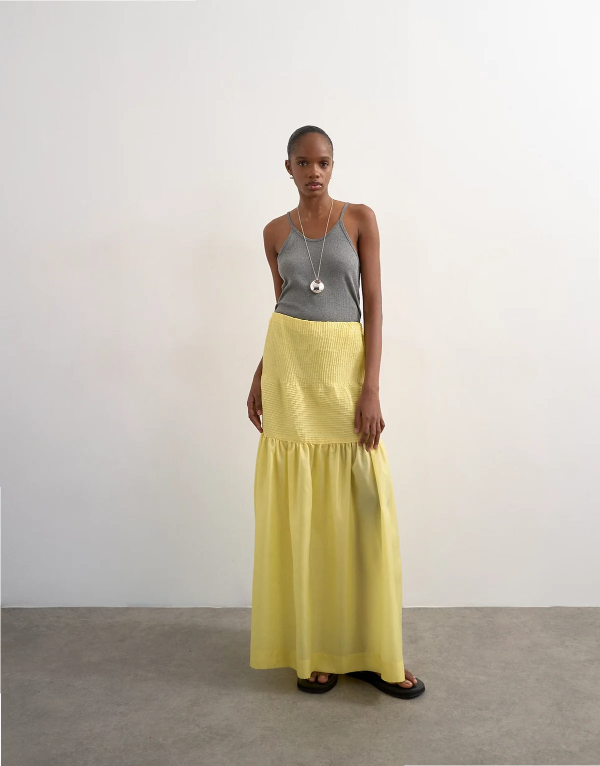 tiered crinkle maxi skirt in yellow