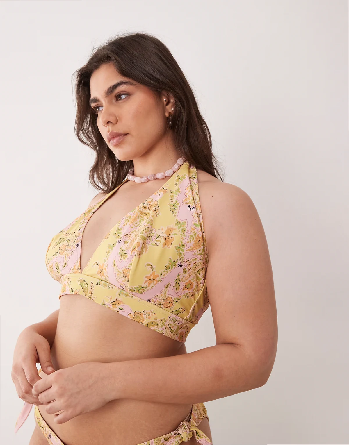 ASOS DESIGN Curve Sarah scarf high apex halter neck triangle bikini top in floral print