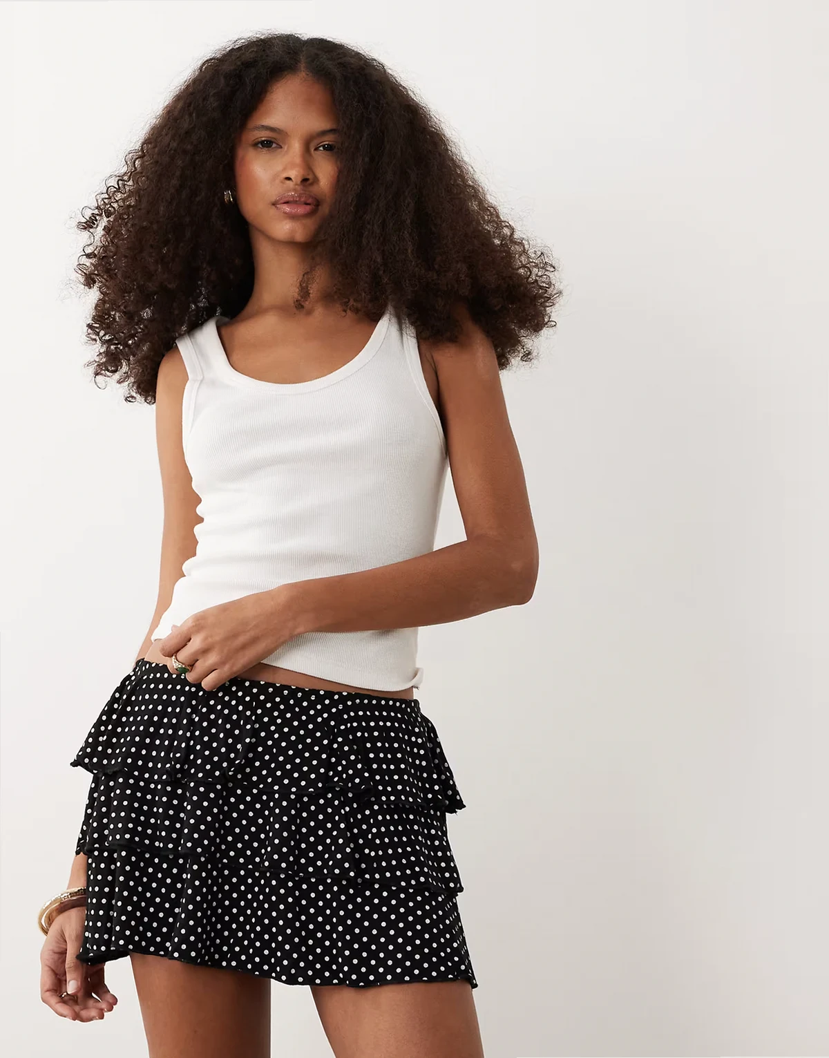 tiered mini skort in polka-dot print