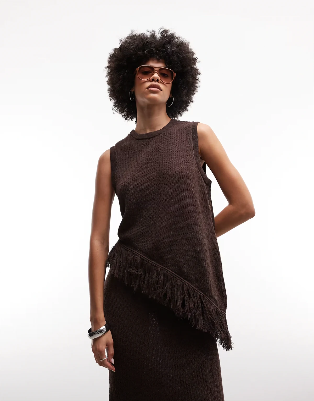 knit asymmetric fringe top in brown - part of a set