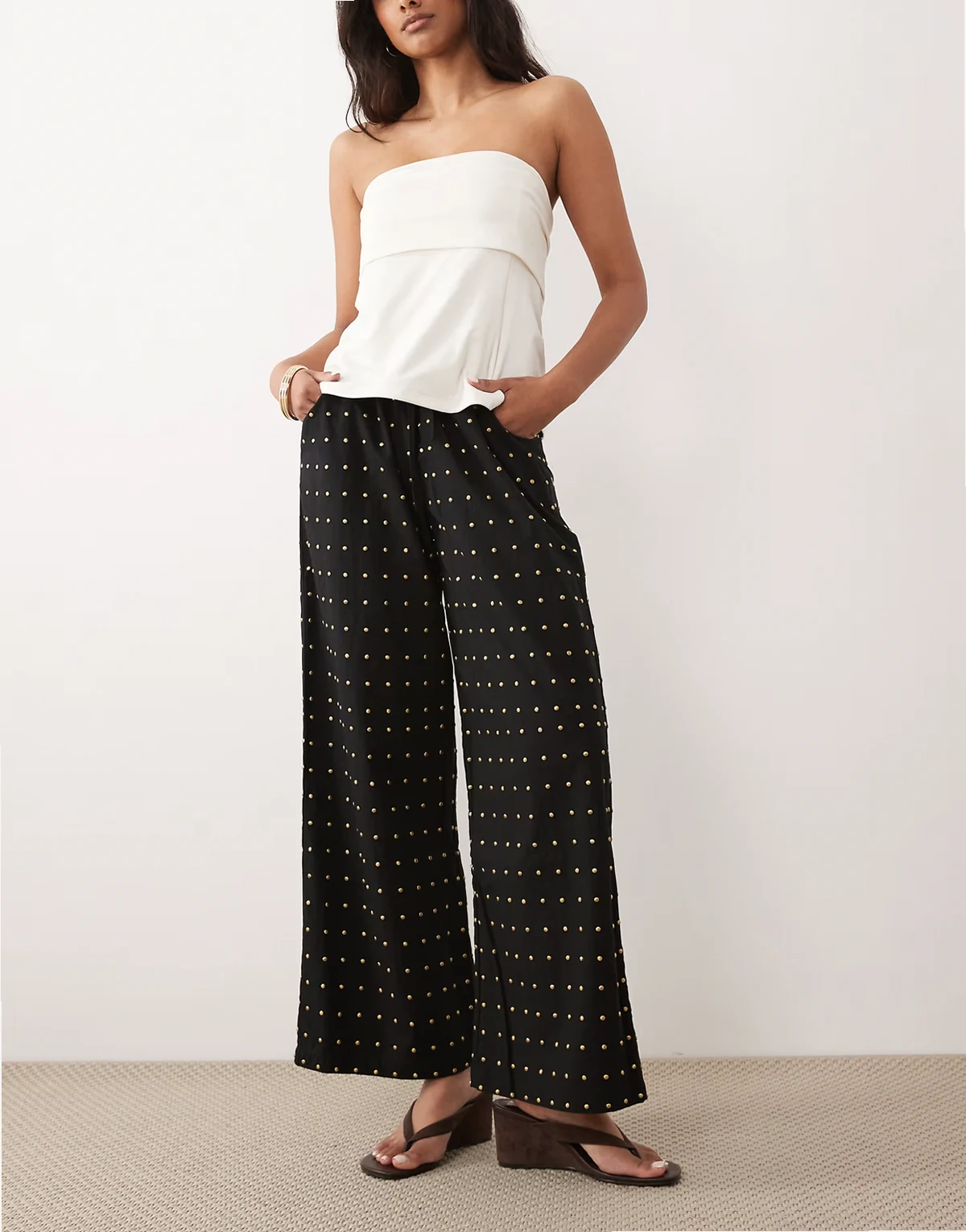cotton hotfix wide leg pants in black