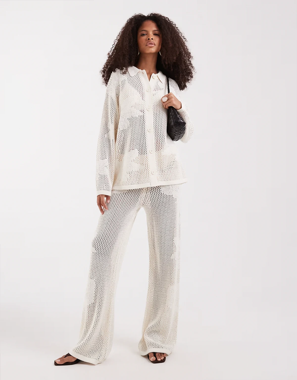 open knit oversized floral pants in cream - part of a set