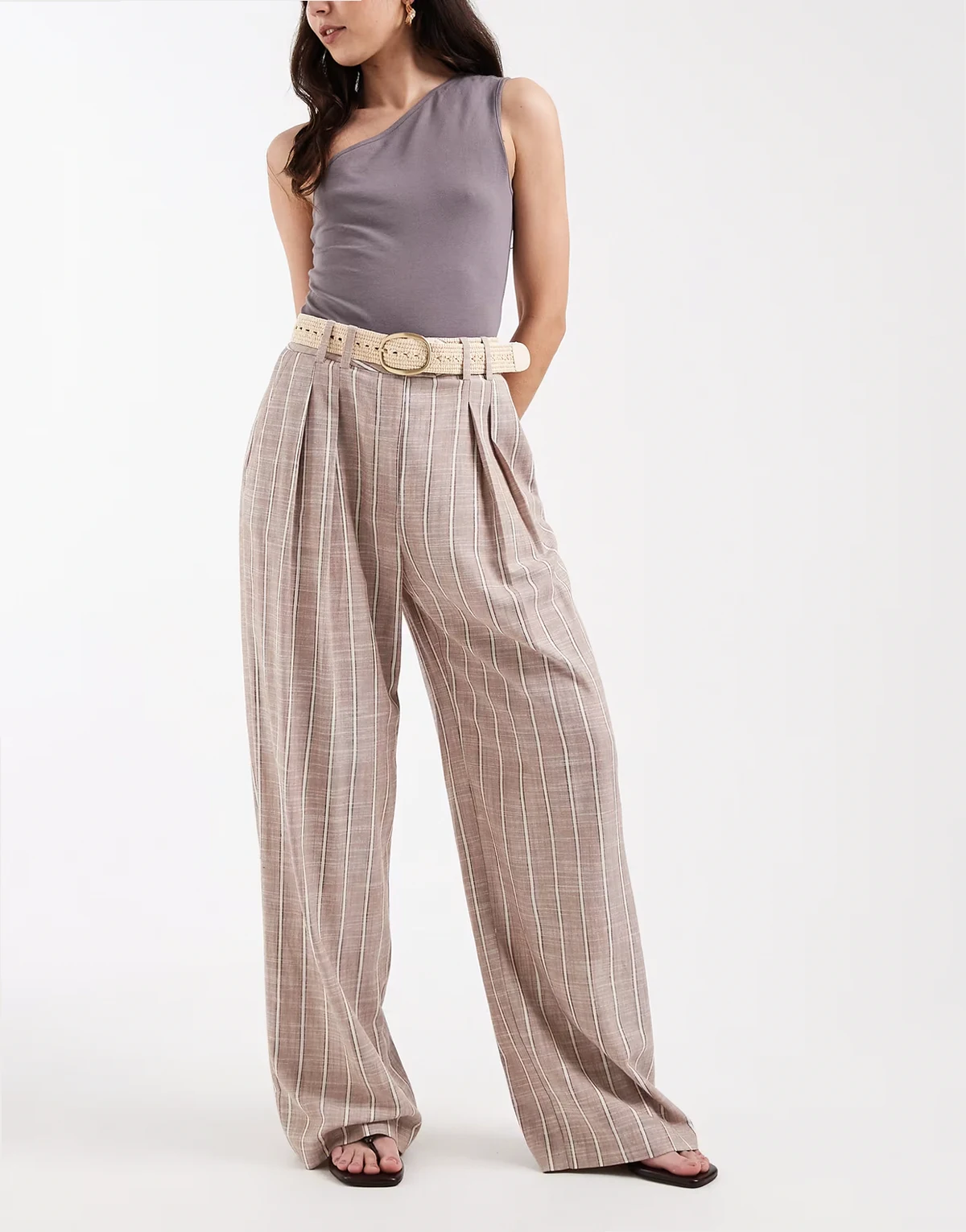 tailored belted wide leg pants with pleated detailing in mink stripes
