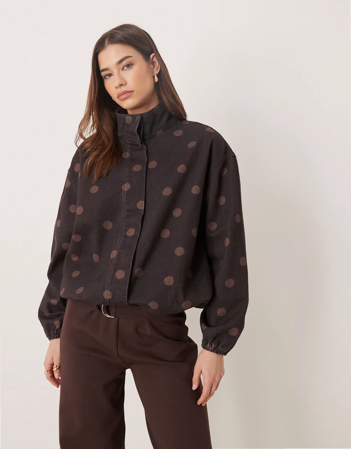 denim funnel neck jacket in chocolate polka dot