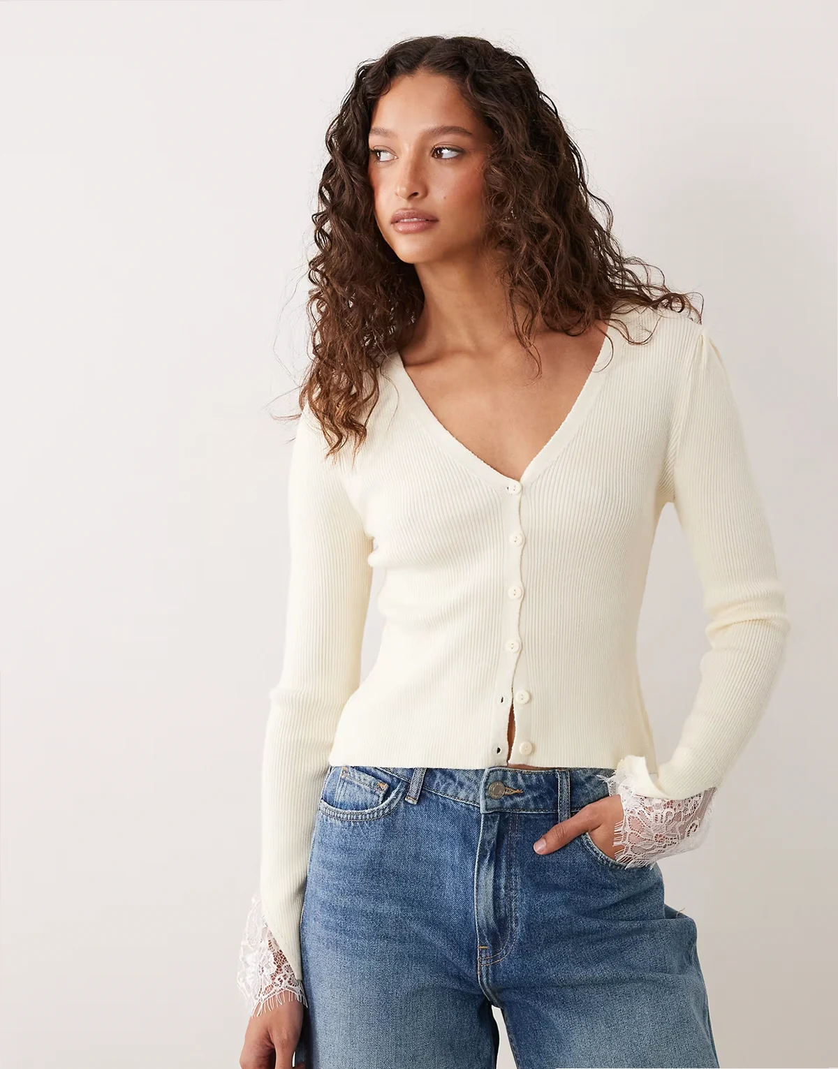 lace trim cardigan with fluted sleeves