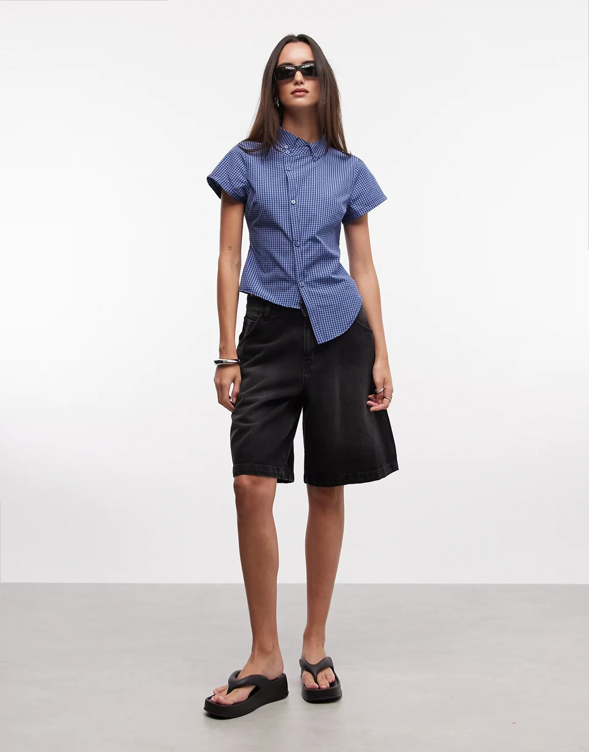 asymmetric short sleeve shirt in blue check