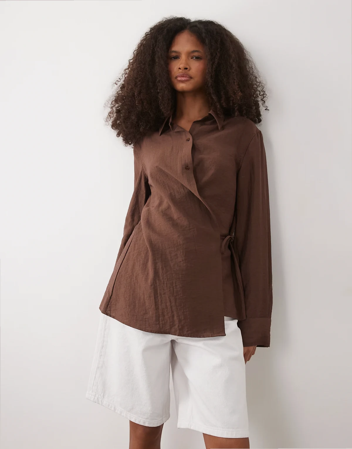 linen mix long sleeve shirt with side tie in brown