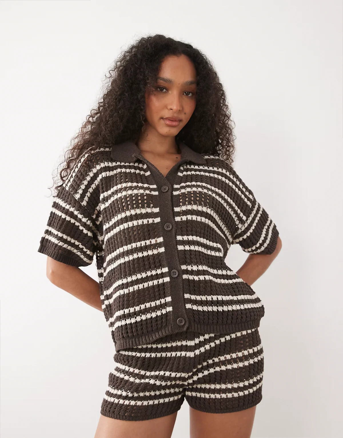 crochet knit shirt in brown stripes - part of a set