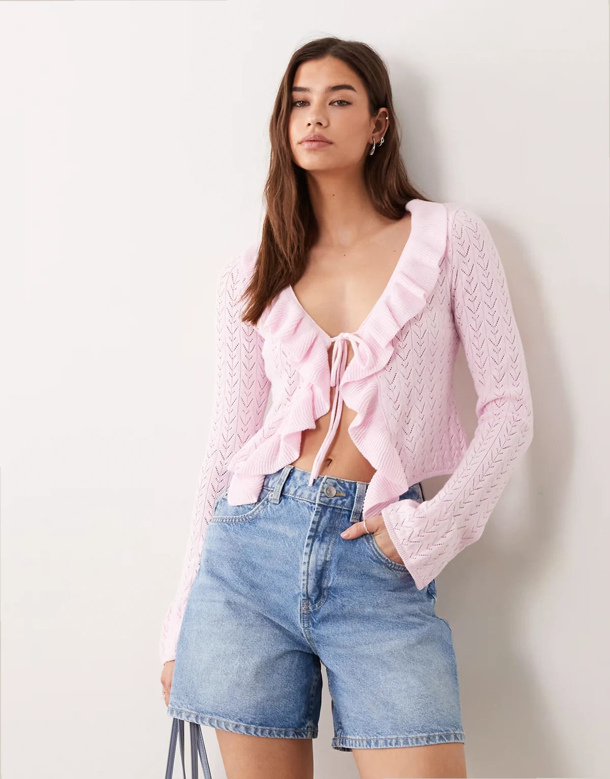 frill knit tie front cardigan in pink