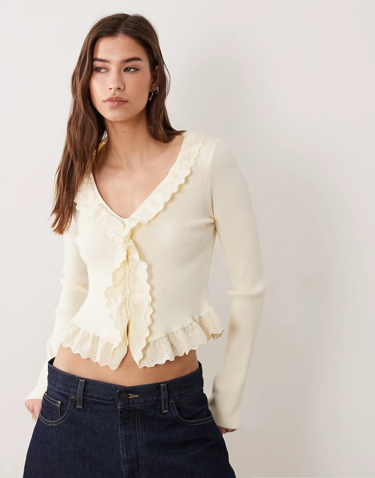 knit eyelet trim cardigan in cream