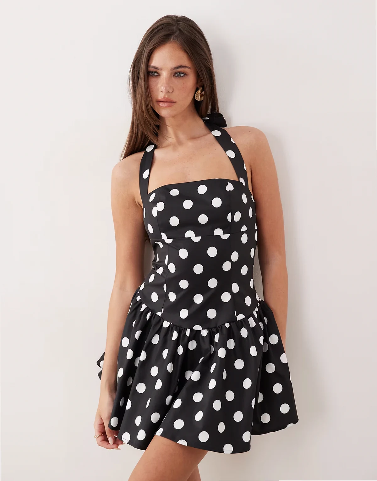 Exclusive square neck halter mini dress in black polka dot