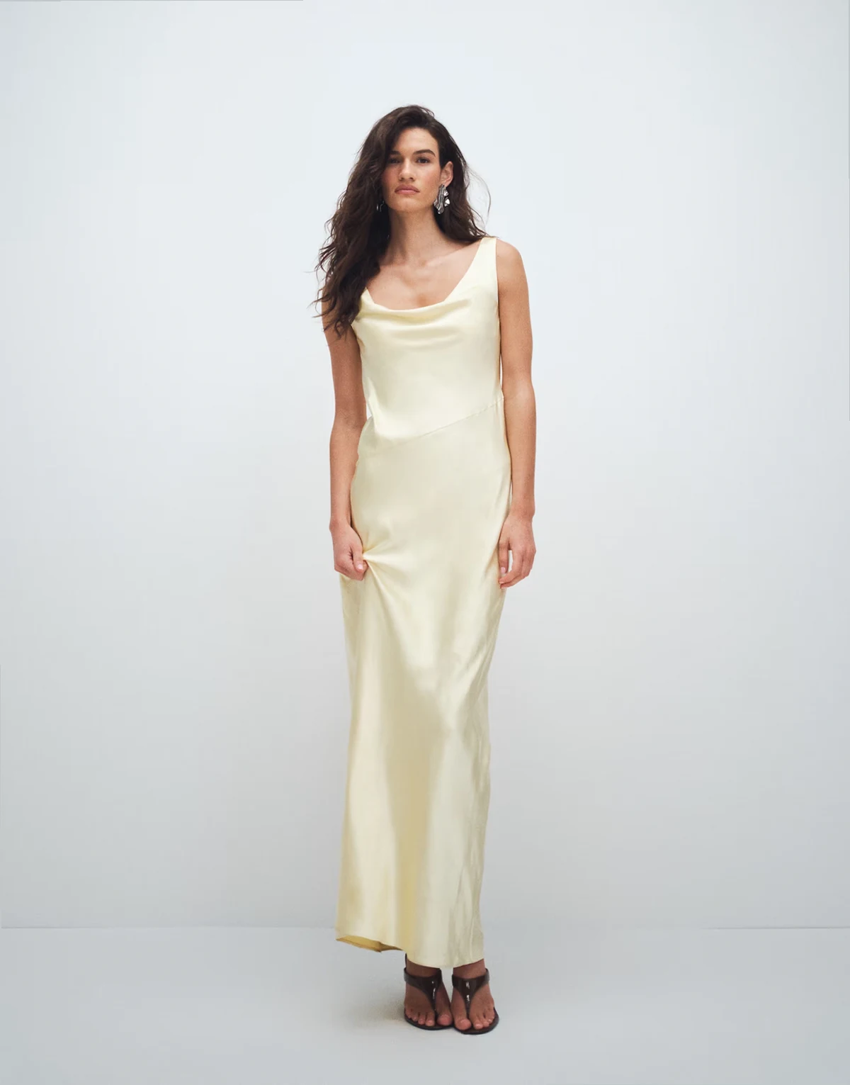 satin cowl neck lace back maxi dress in lemon