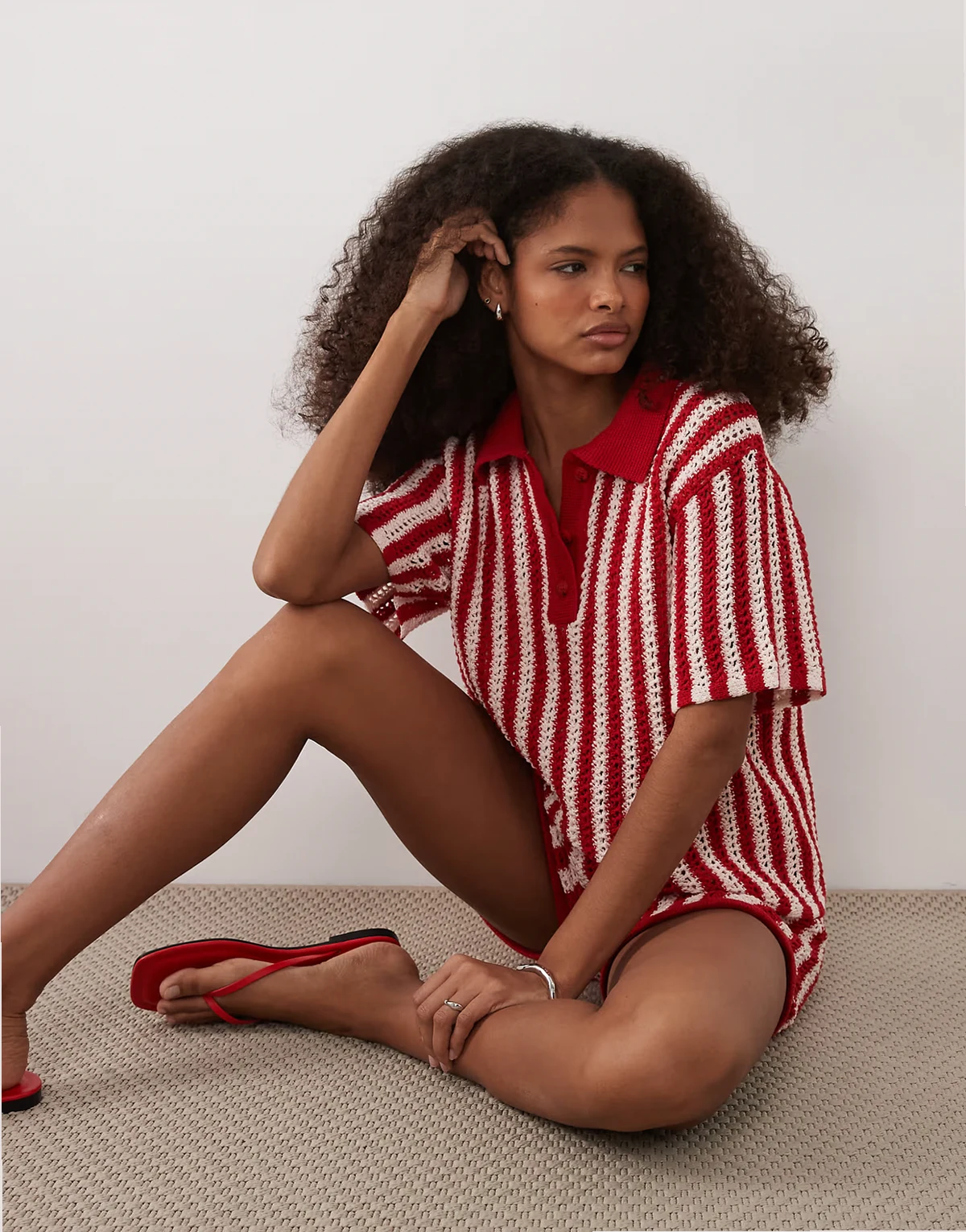 knit crochet polo top in red stripes - part of a set
