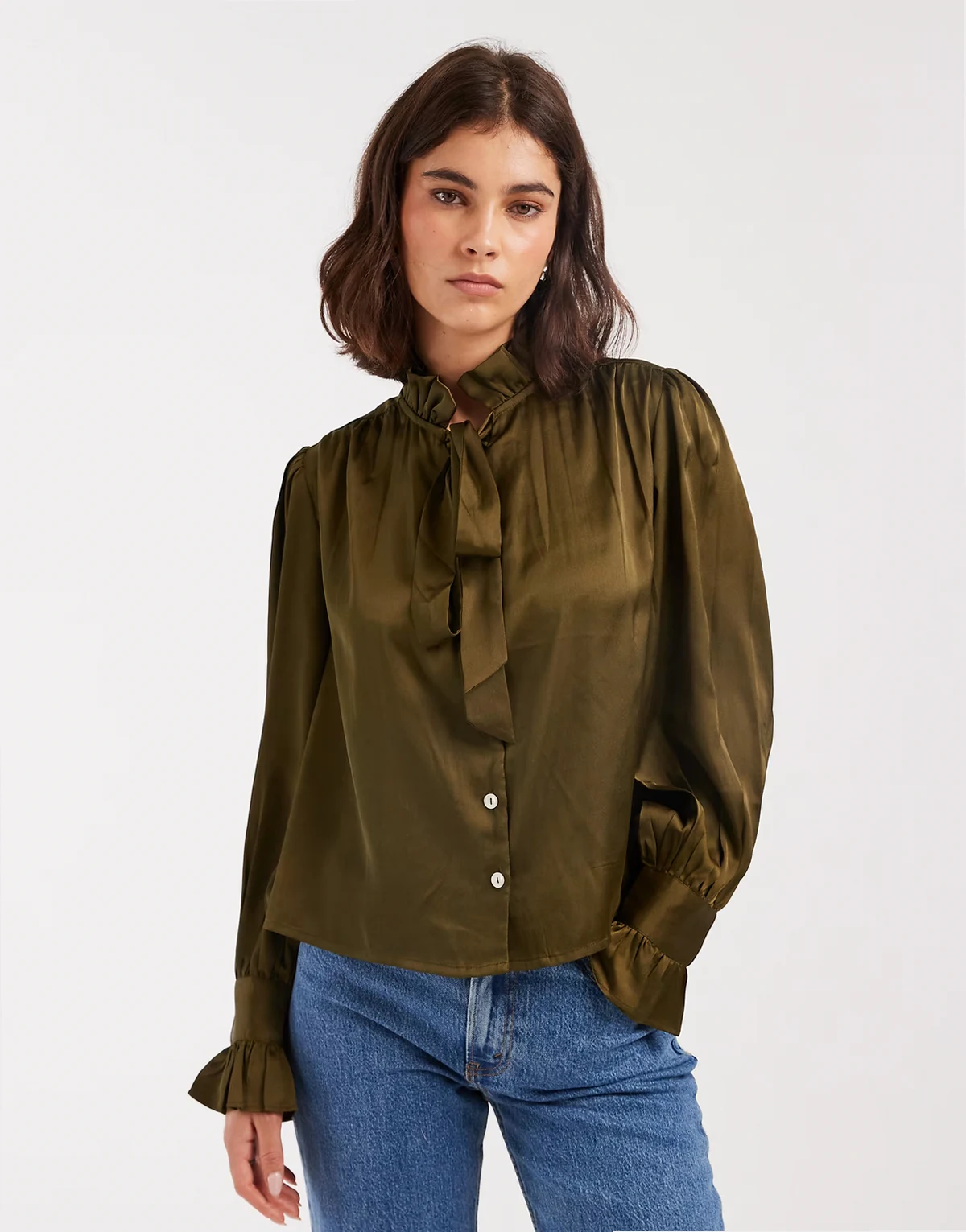 tie detail long sleeve floaty blouse in moss green