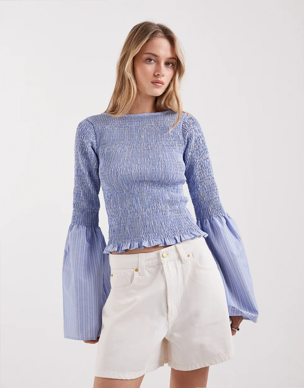 shirred long sleeve blouse in blue stripes