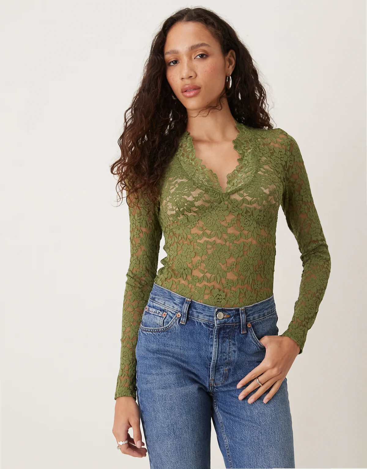 all day lace long sleeve top in green