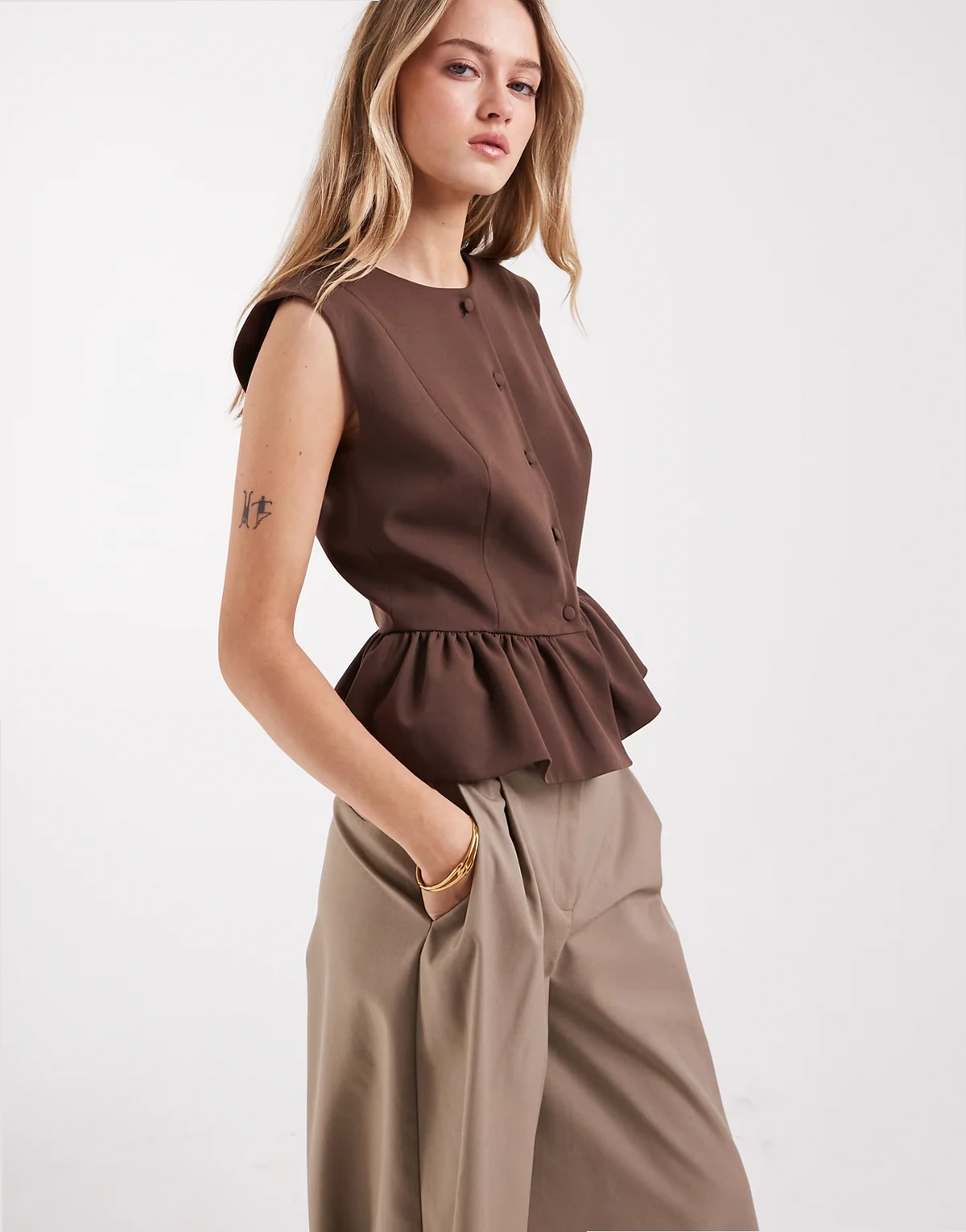 button down tailored peplum top in mocha