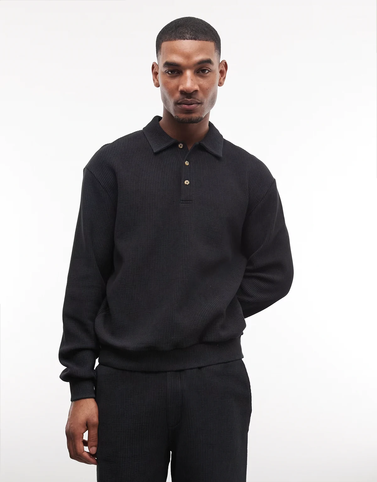 relaxed ribbed jersey polo shirt in washed black - part of a set
