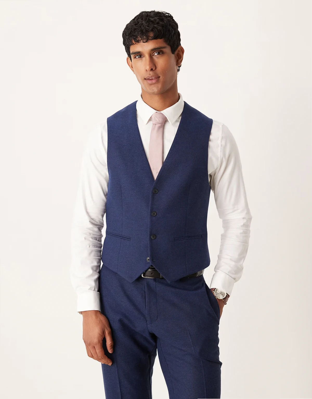 slim herringbone suit vest with wool in navy
