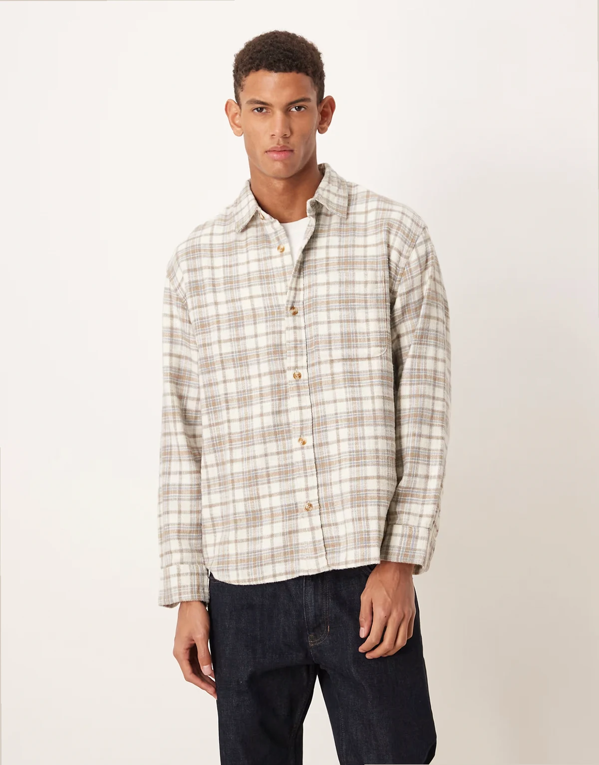 long sleeve plaid shirt in beige