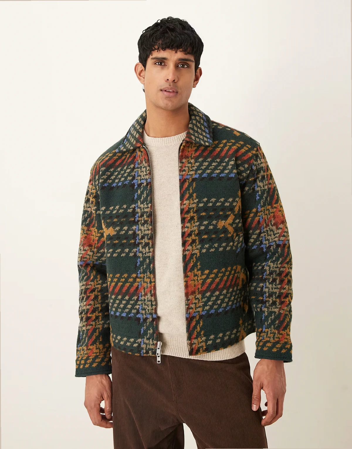 cropped wool blend herringbone jacket in green