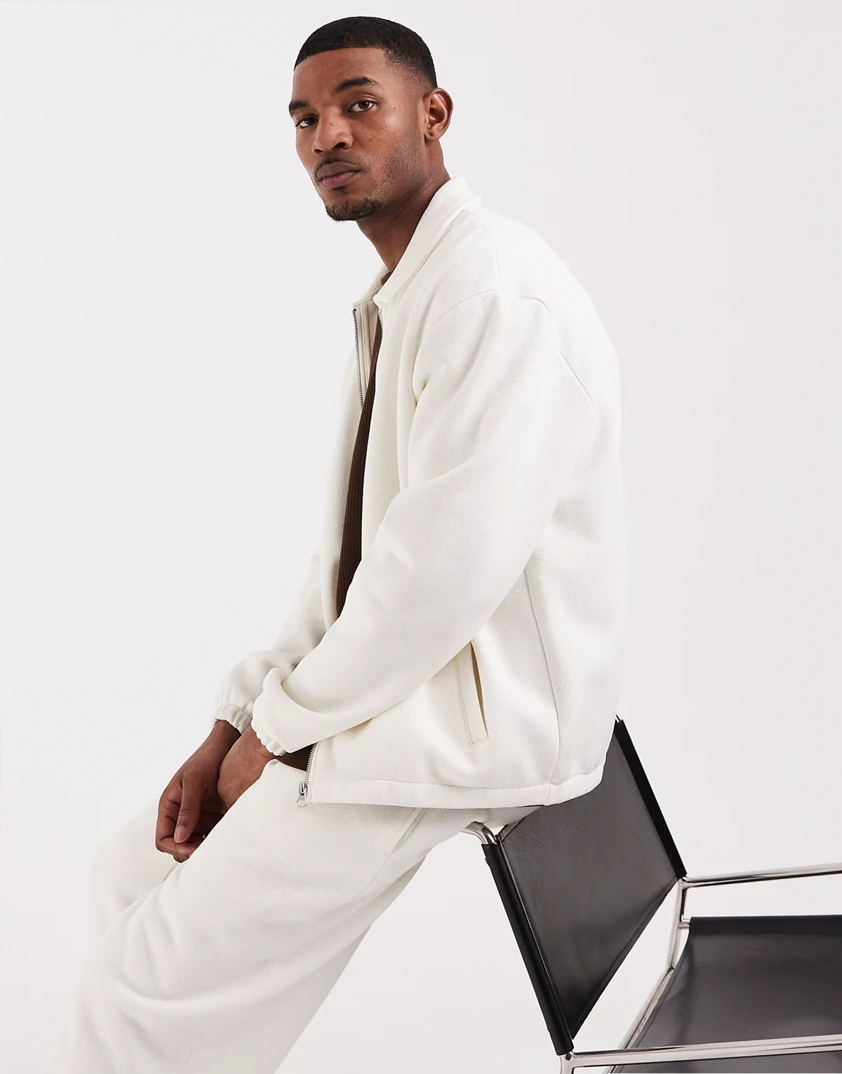 relaxed zip through pique shacket in cream