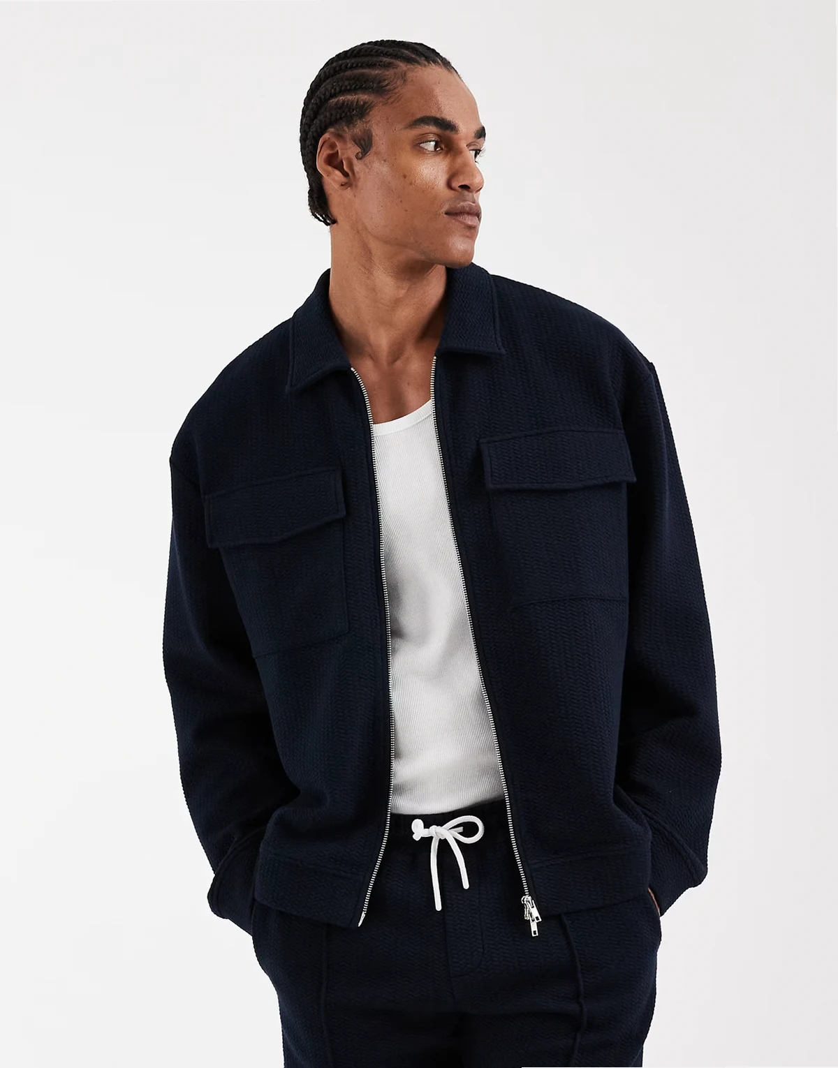 relaxed zip up jacket in navy bubble herringbone
