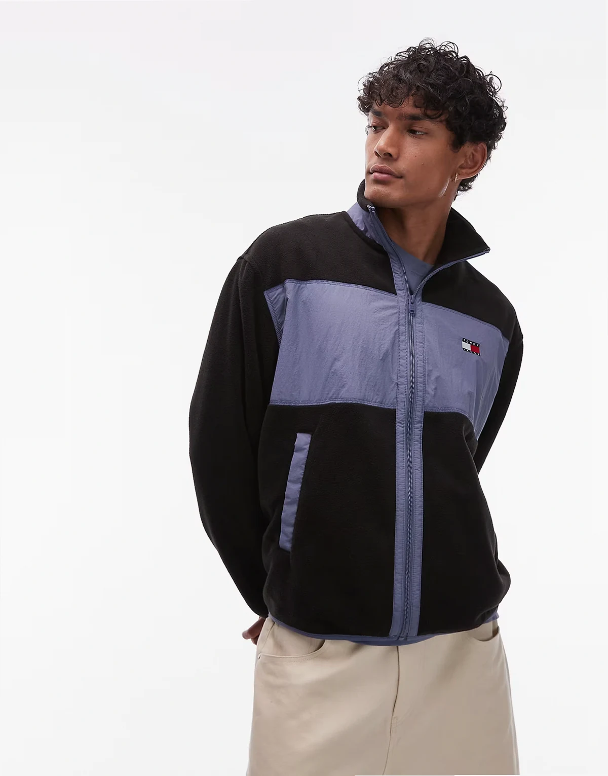 paneled polar fleece in black and blue