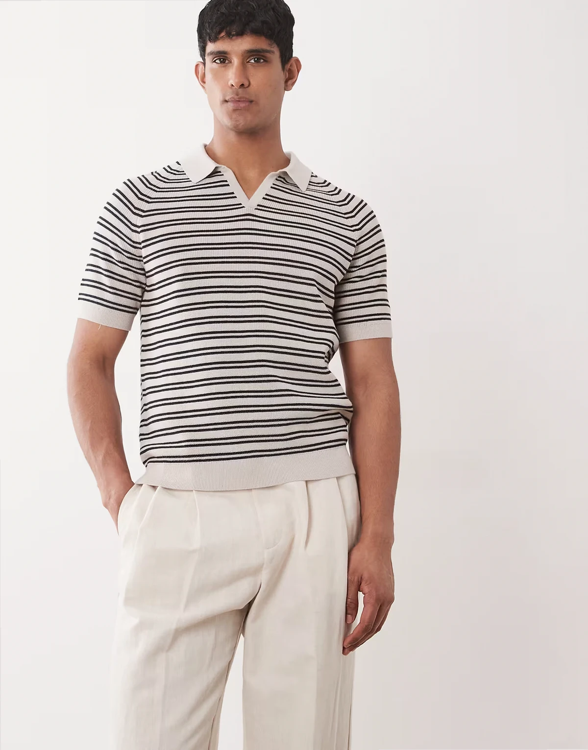 knit camp collar polo top in cream stripes