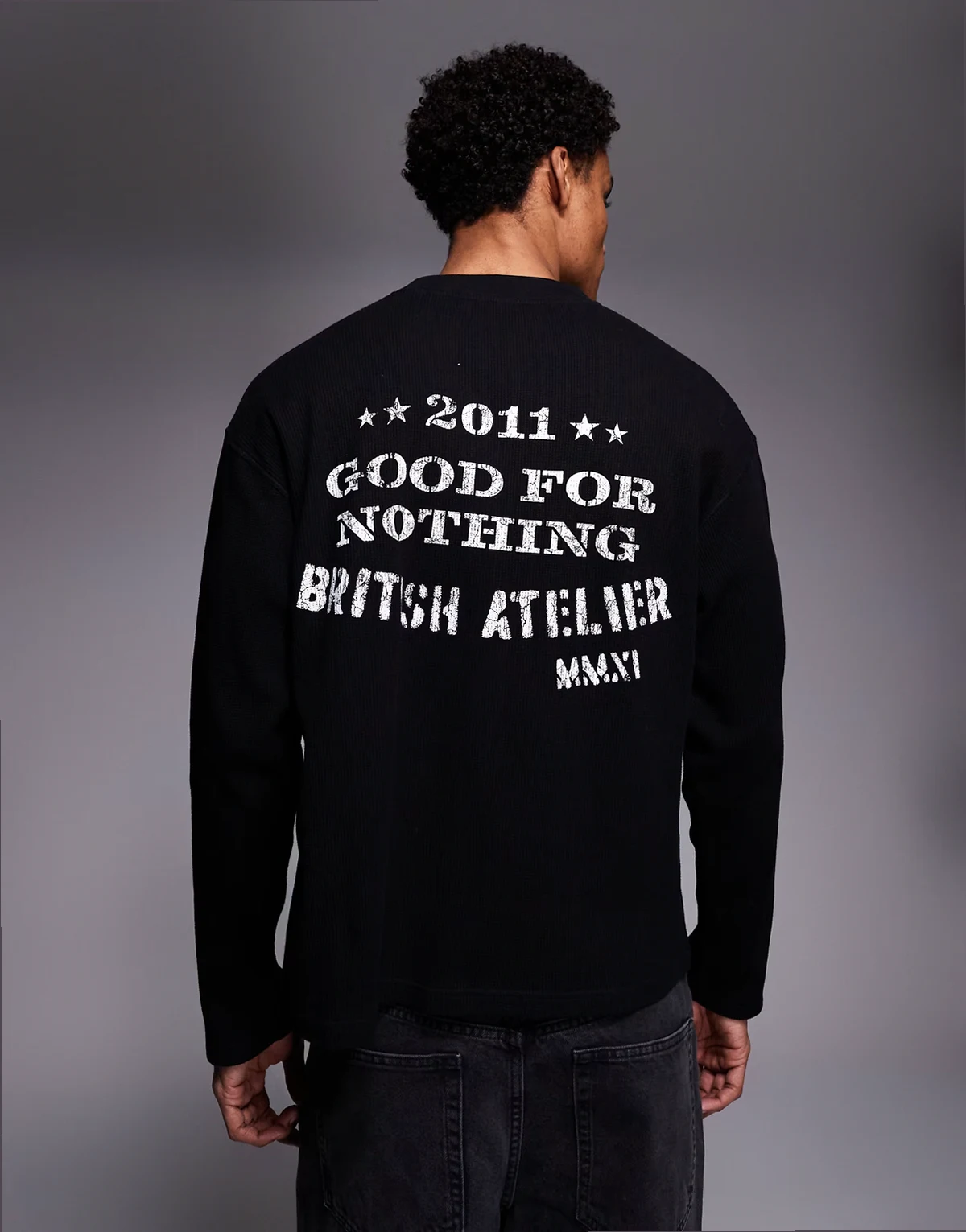 long sleeve waffle T-shirt in black with back stamp print
