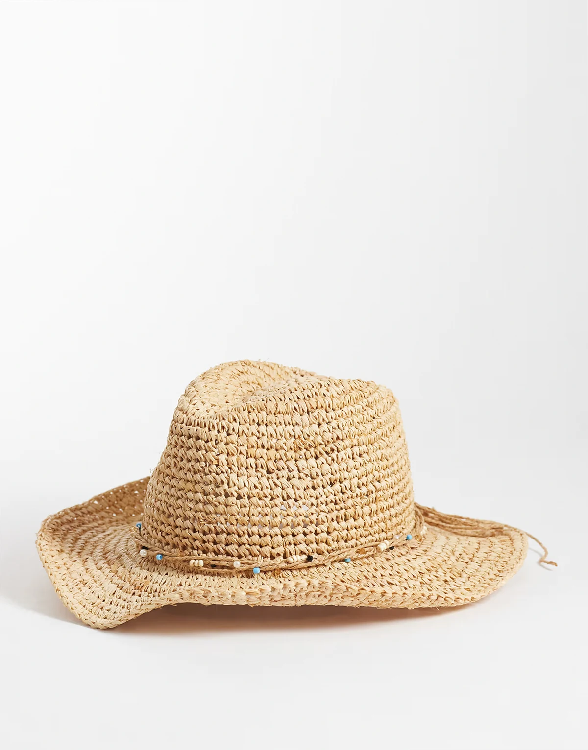 bead trim straw cowboy hat in beige