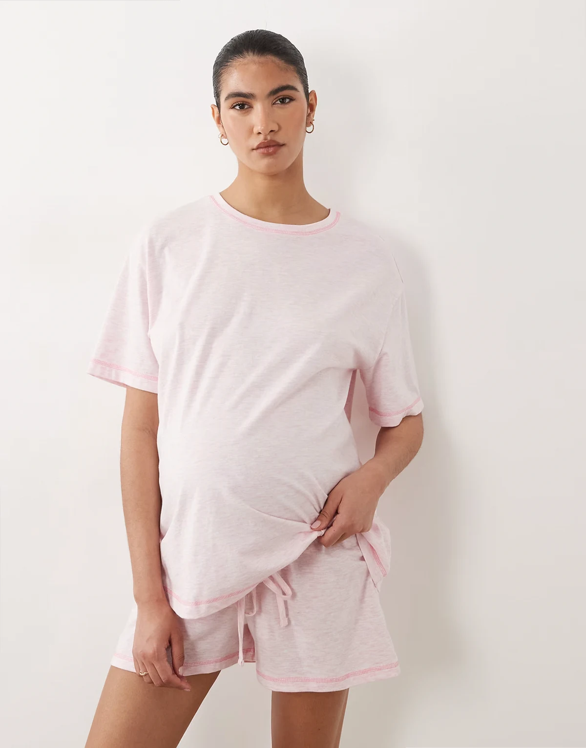 ASOS DESIGN Maternity oversized tee and shorts pajama set in dusty pink with contrast overlock stitching