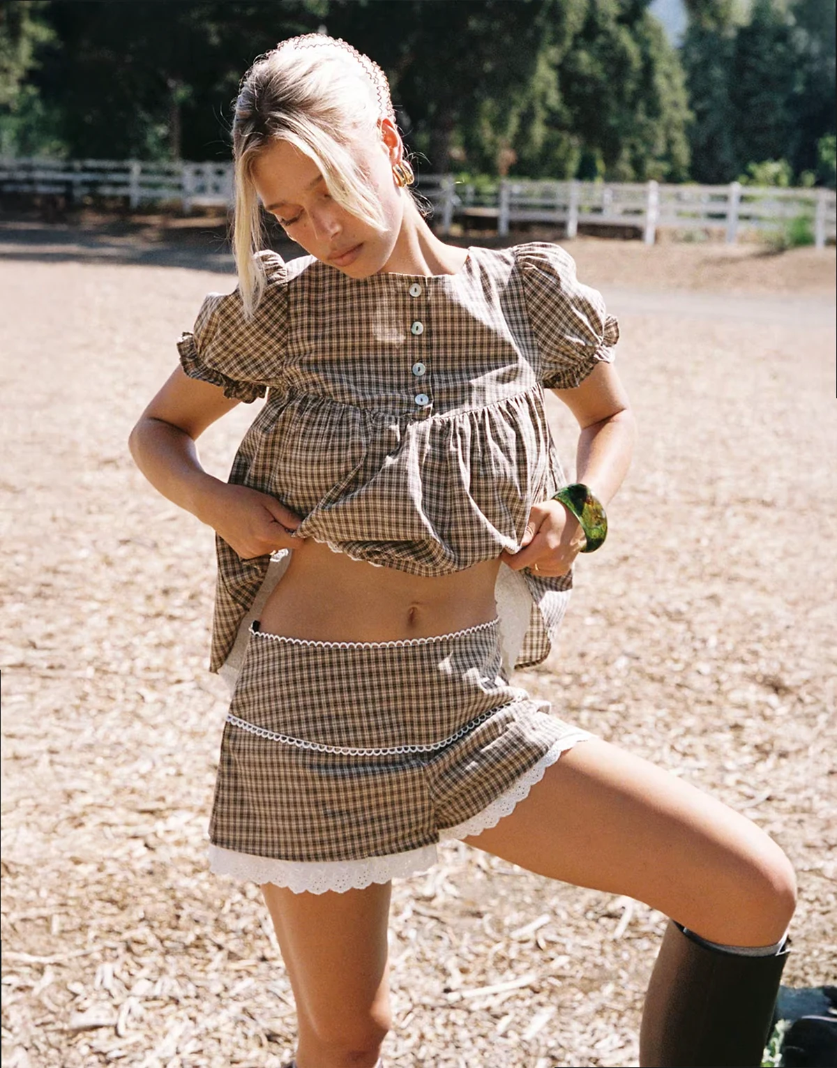 lace trim shorts in brown plaid - part of a set