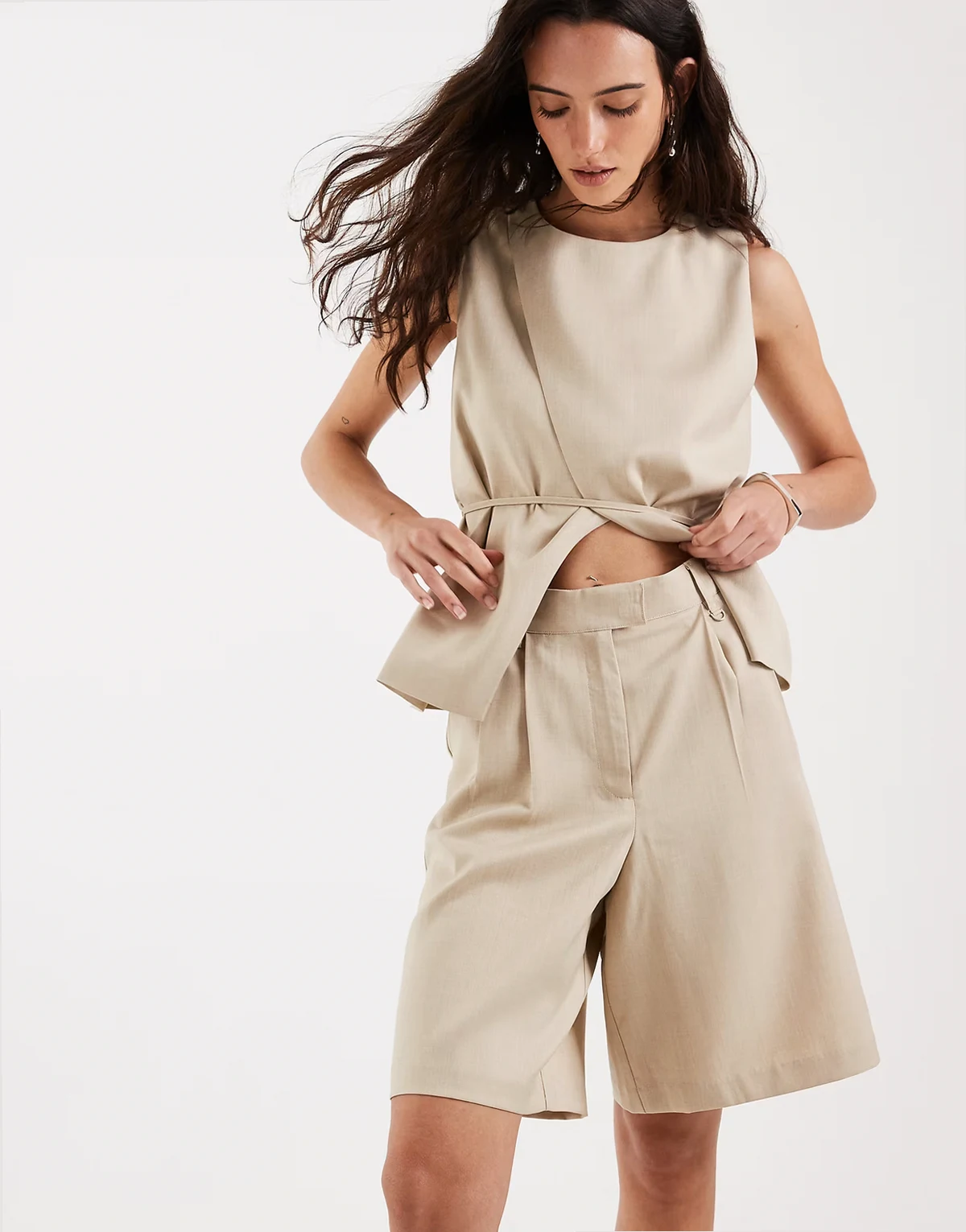 tailored pleat front longline shorts in beige - part of a set
