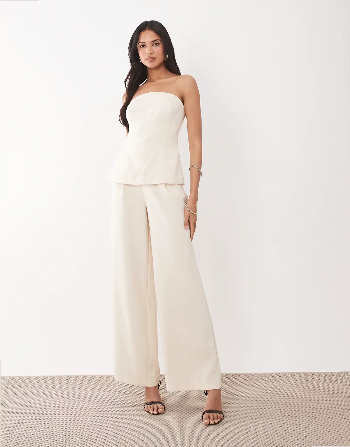 London tailored bandeau peplum detail split side wide leg jumpsuit in cream