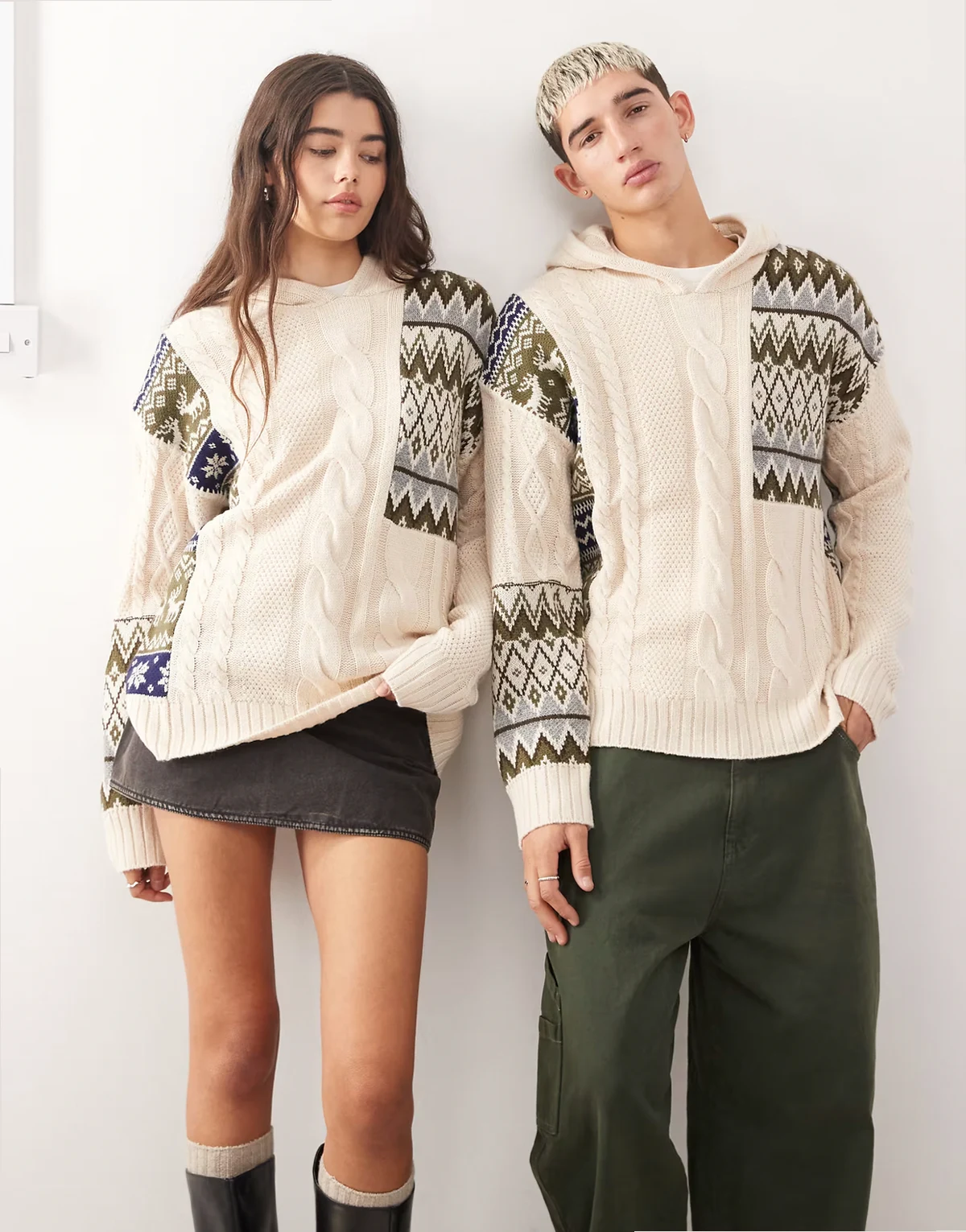 Unisex spliced fairisle cable knit hoodie
