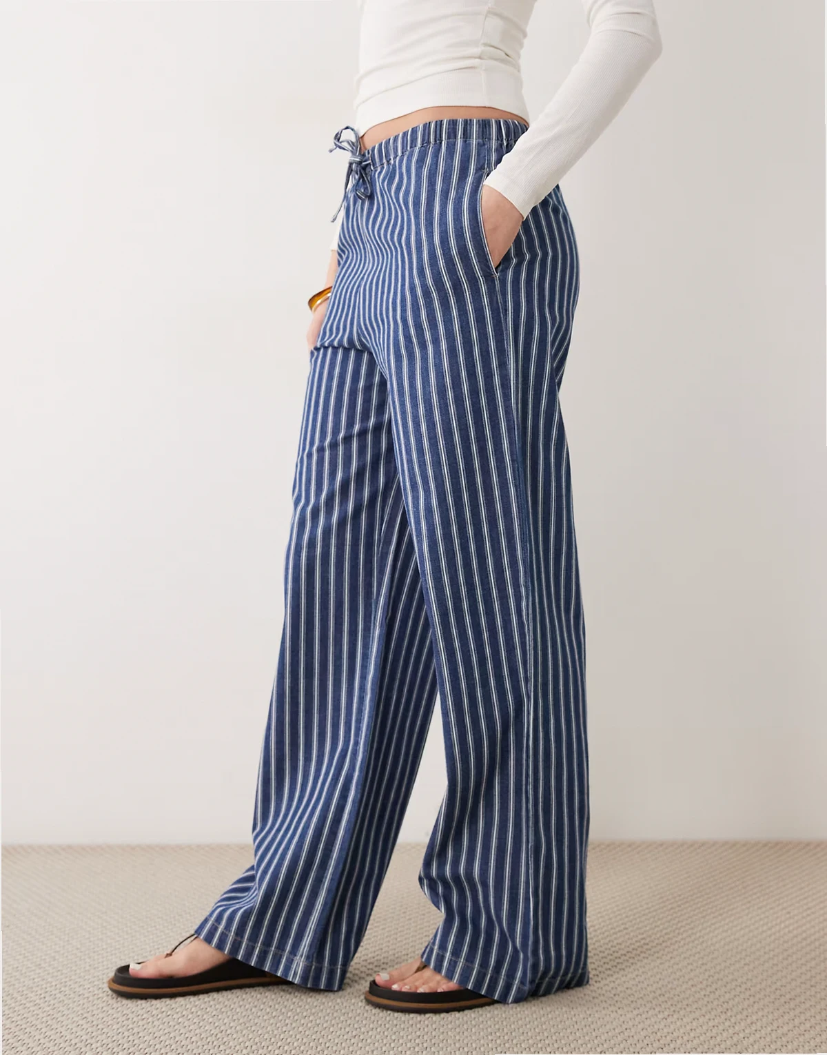 100% cotton tie waist denim pants in blue and white stripes