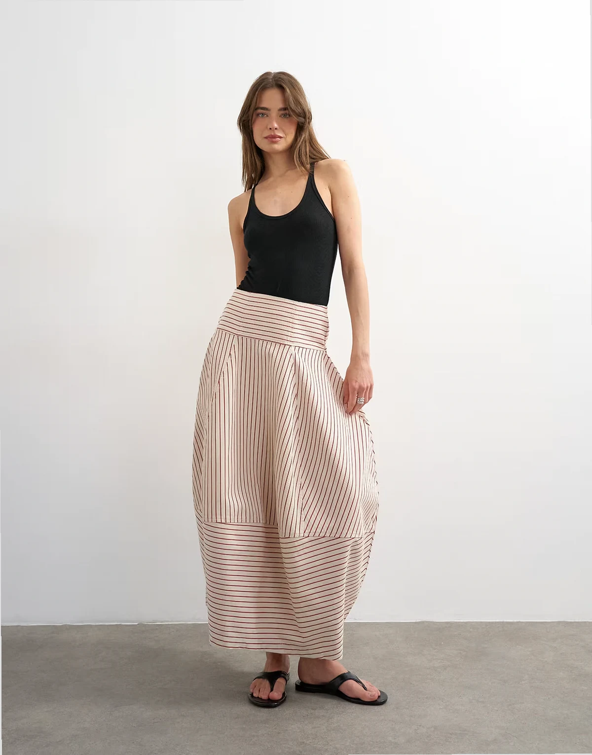 denim barrel seamed maxi skirt in red and ecru stripes