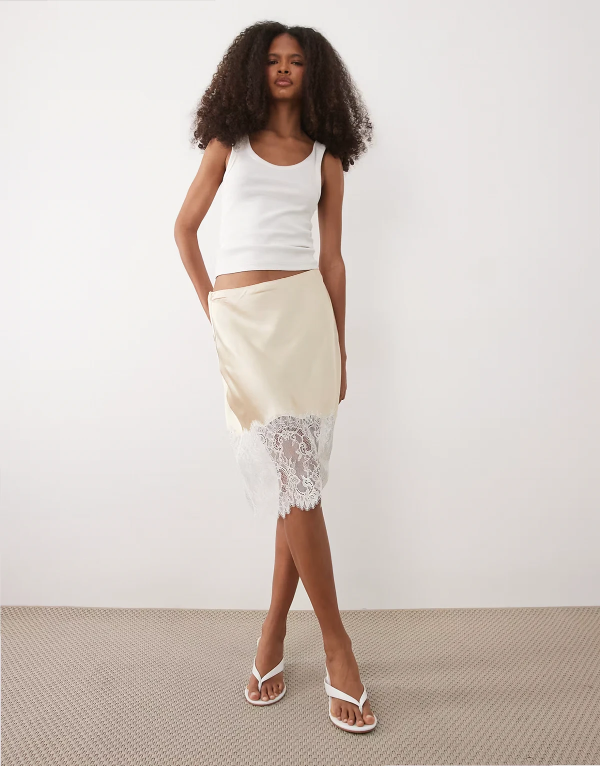 satin and lace knee length skirt in beige