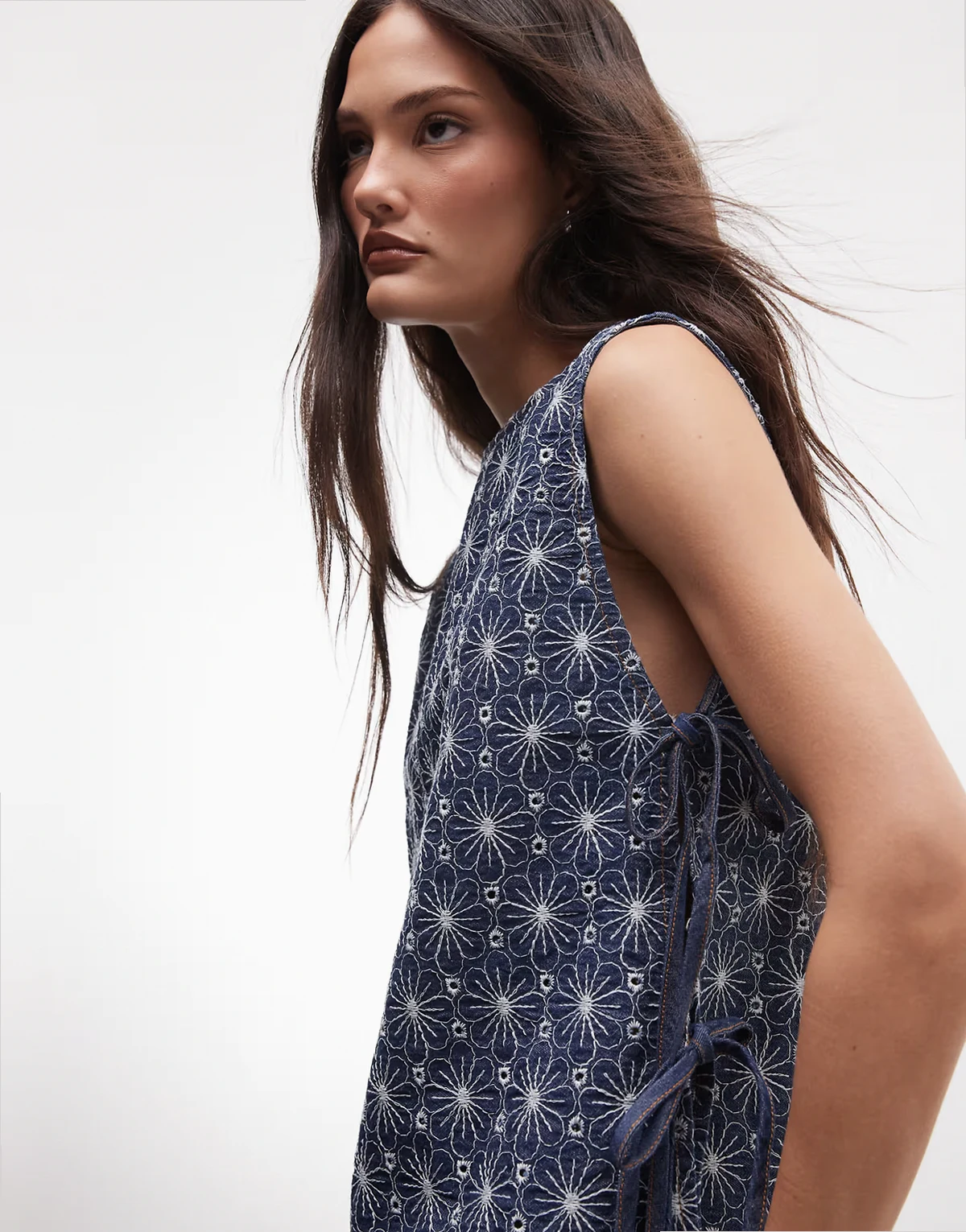 chambray denim cutwork tie detailing tunic top in indigo - part of a set
