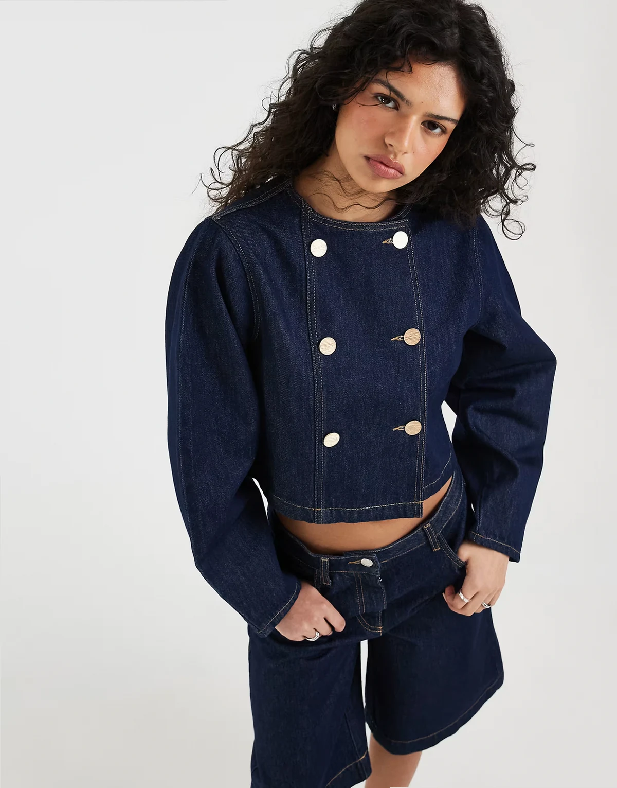 denim double breasted cocoon sleeve jacket in indigo
