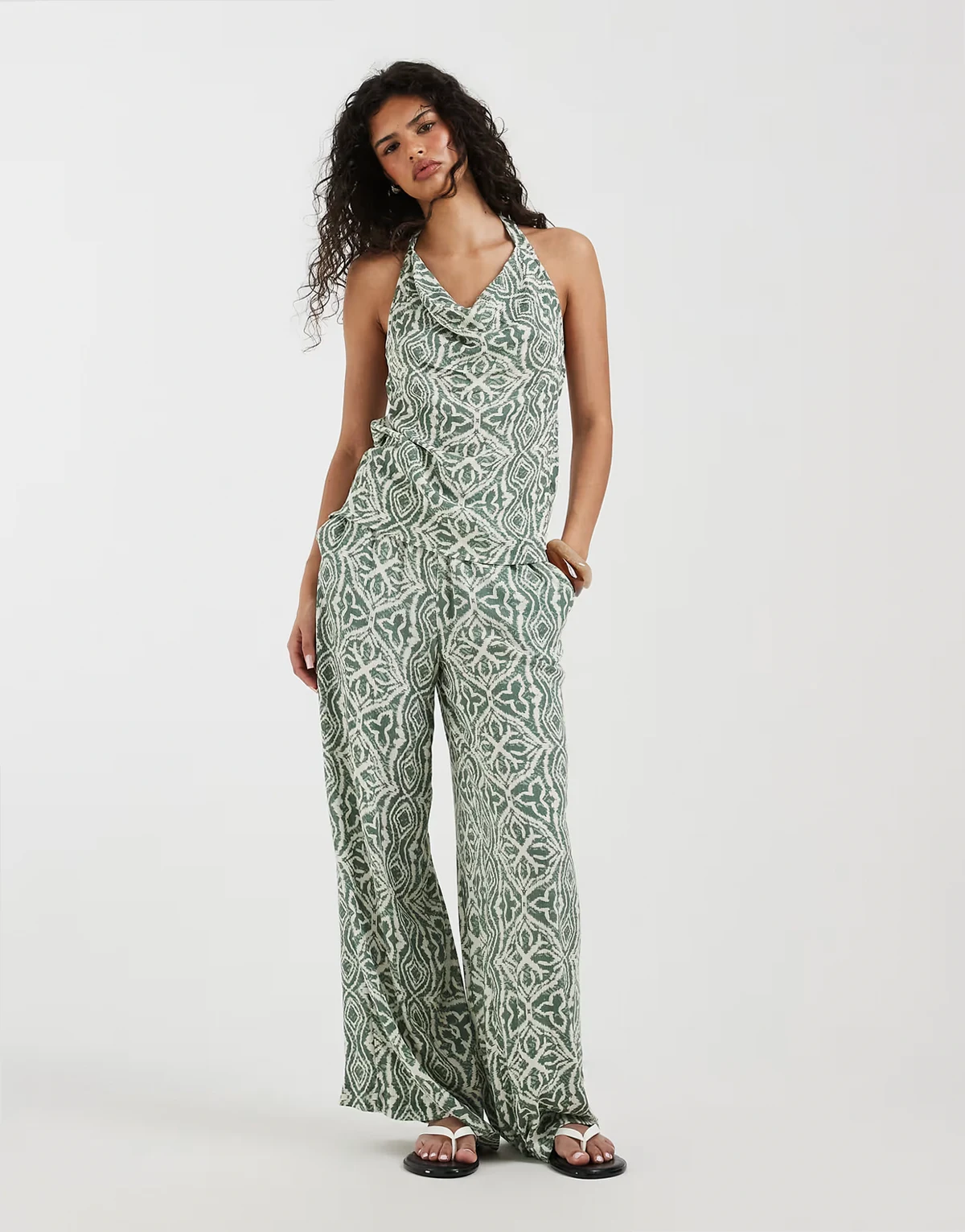 cowl halter neck detail top in green tile print - part of a set