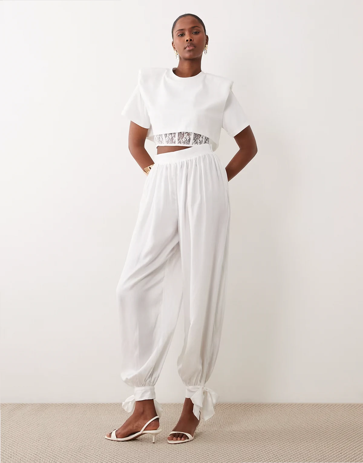 satin balloon leg tie detail pants in white - part of a set
