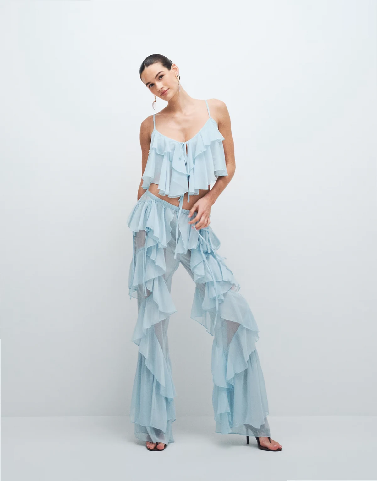 chiffon ruffle detailed wide leg pants in soft blue - part of a set