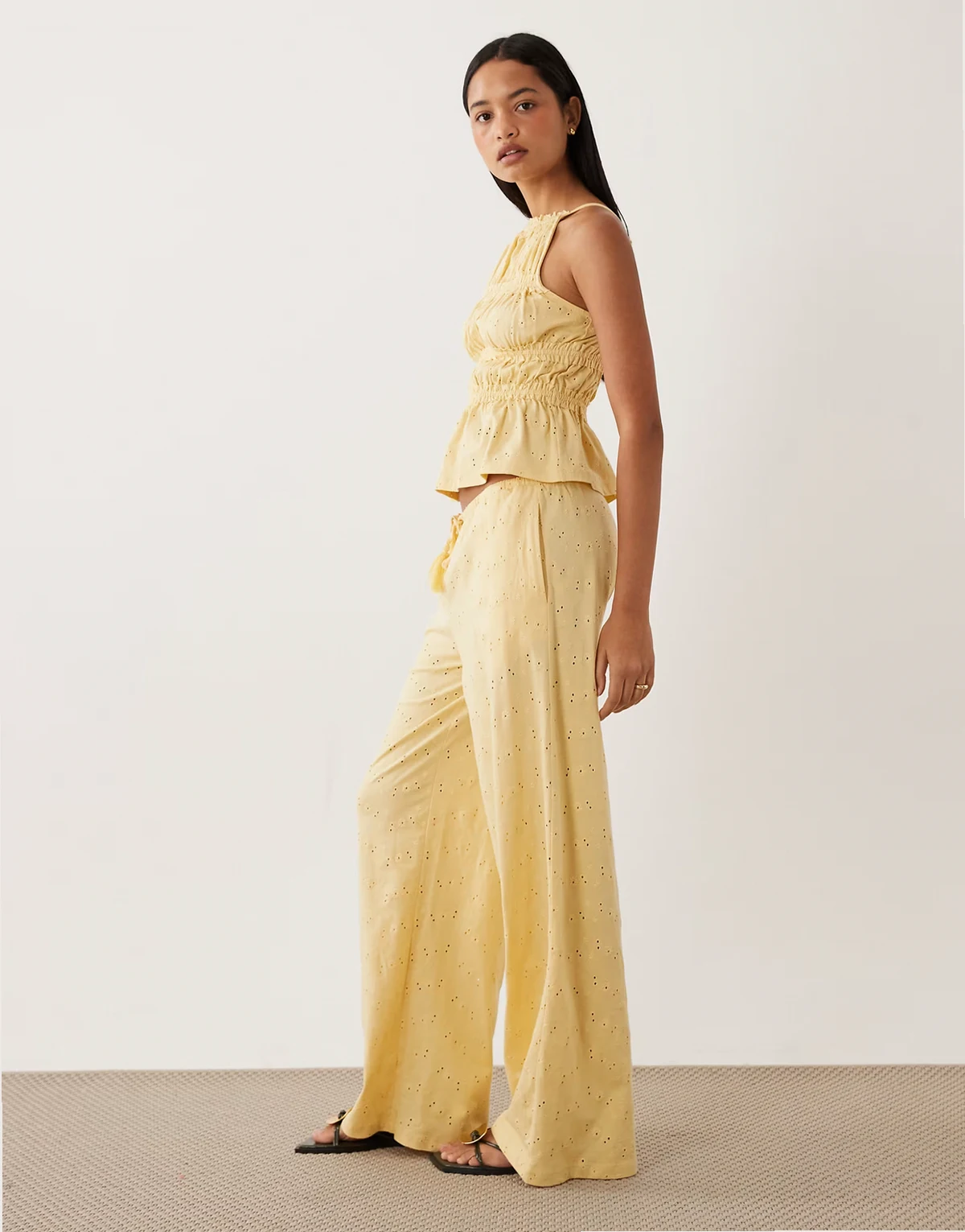 wide leg drawstring tassel detail jersey eyelet pants in buttermilk - part of a set