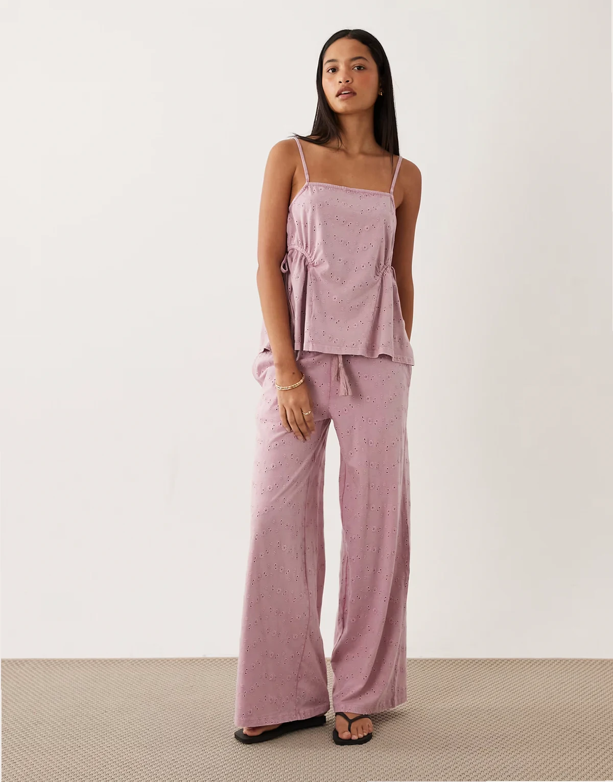 wide leg drawstring tassel detail jersey eyelet pants in washed lilac - part of a set
