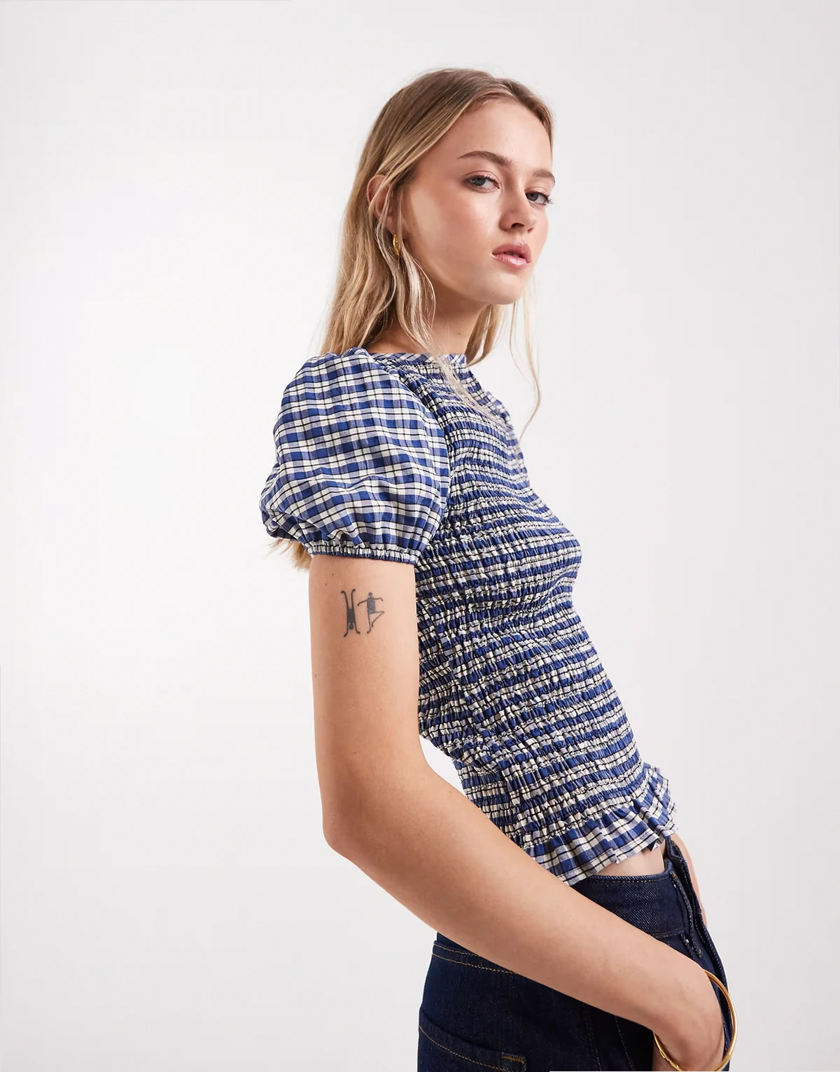 shirred puff sleeve top in blue plaid - part of a set