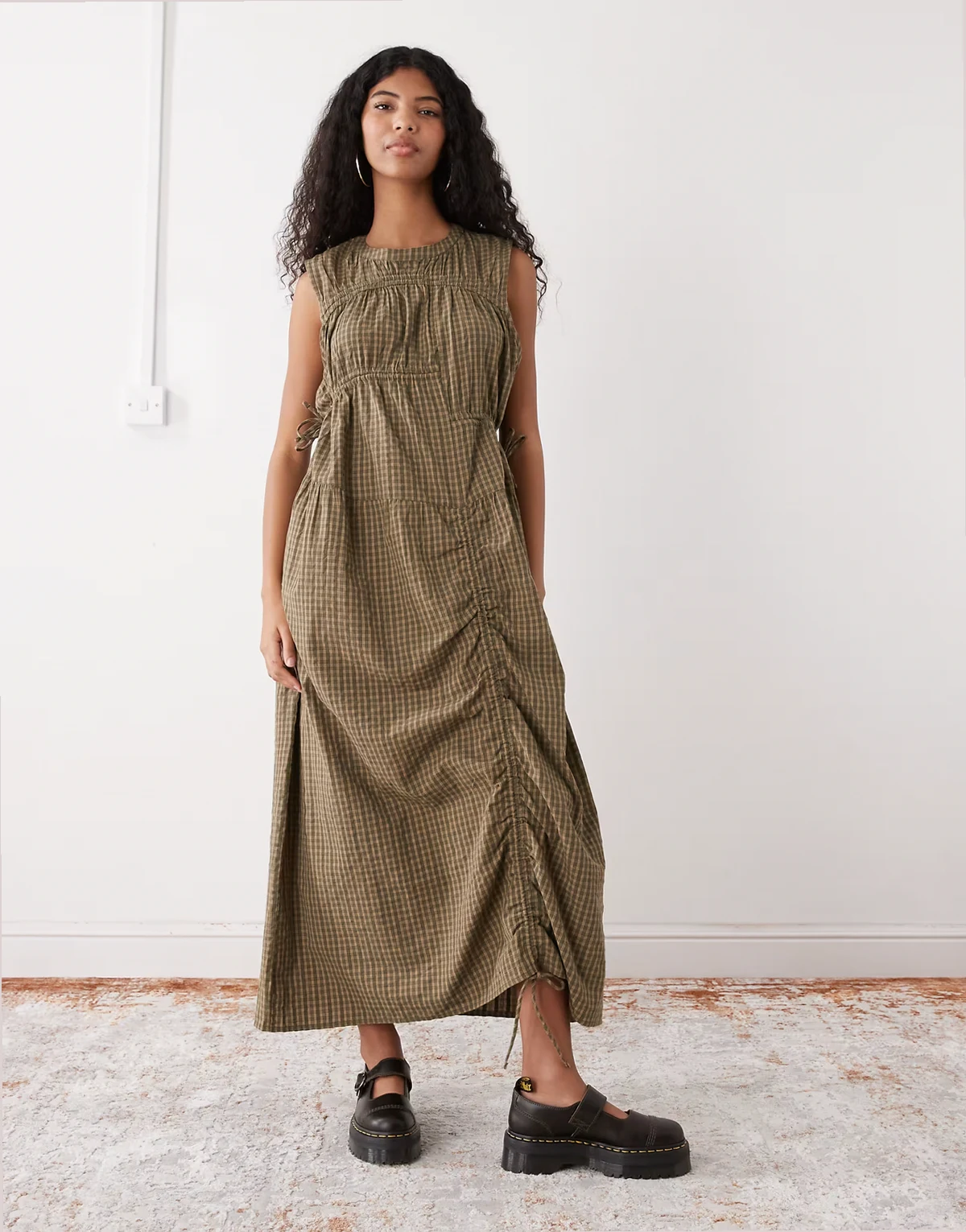 multi channel midi dress in green plaid